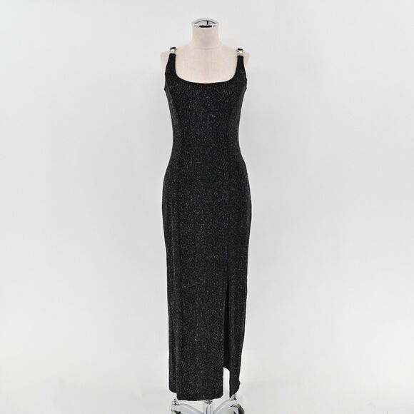 Vtg Slip Dress Y2k Prom Gown Vamp Goth Black Silver Glitter Shimmer USA Sz 4 - Picture 1 of 10